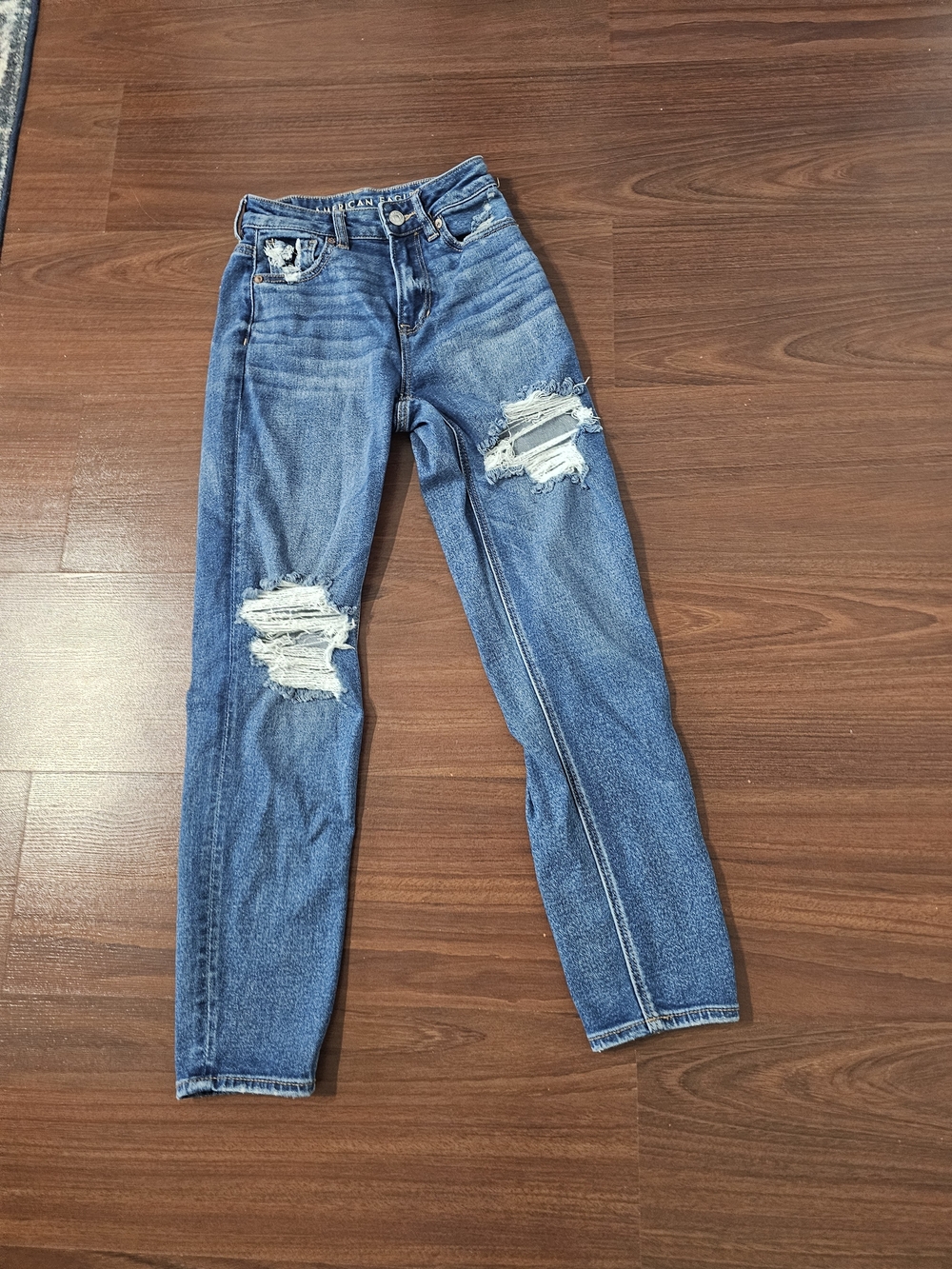 American Eagle Outfitters Ripped Straight-Leg Blue Mom Jeans